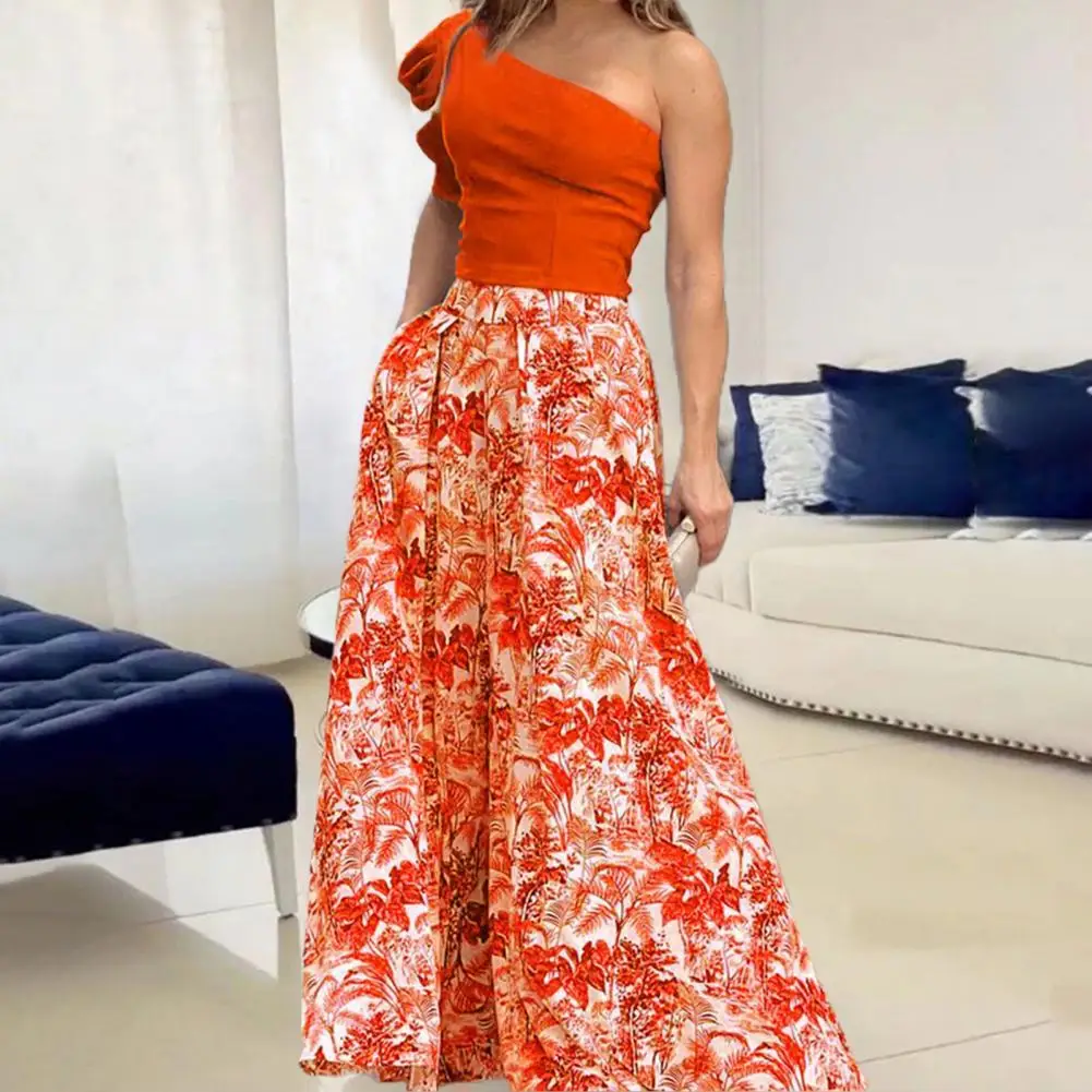 

2022 Fashion Women 1 Set Dress Suit One-Shoulder Printing Soft Two-piece Top Dress Set for Wedding Party Garment платье