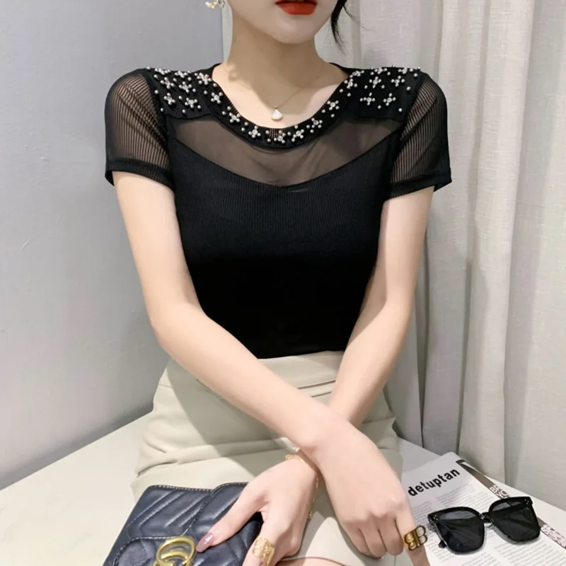 # 5355 Сексуальная сетчатая футболка с коротким рукавом Femme круглым вырезом в