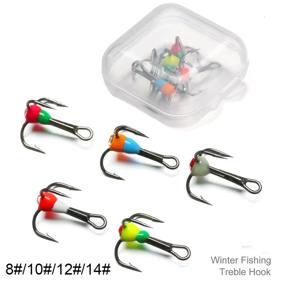 

5pcs/box Winter Treble Fishing Hooks 8# 10# 12# 14# Ice Fishing Jig High Carbon Steel Fishing Tackle Tool With Box