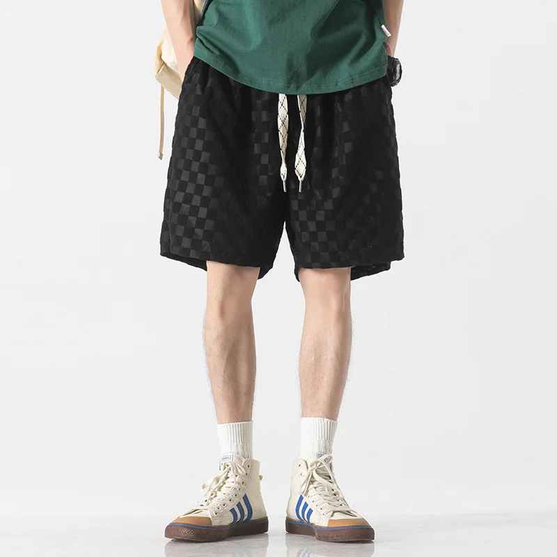 High Quality Men's Summer Shorts Loose Checkerboard Golf Half Pants Solid Casual Beach Sports Fitness Elastic Waist Sweatpant