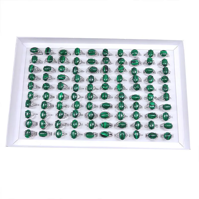 

100pcs/lot Mixed Vintage Green Natural Stone Geometric Oval Ring for Women Men Party Silver Color Fashion Jewelry Gift Wholesale