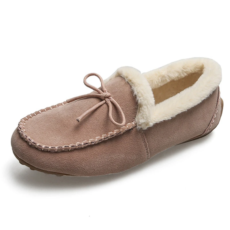 

Women Winter Flat Shoes Thick Fluff Warm Loafers Classic Bownot Decoration Solid Color Lazy Fisherman Office Slip-on Moccasins