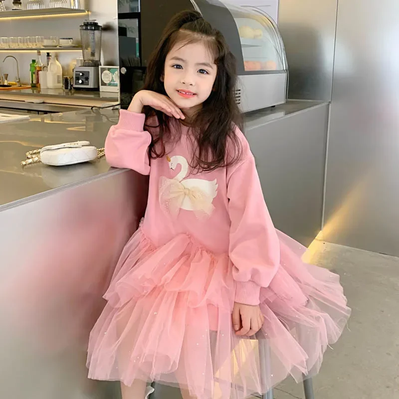 

Детская одежда, платье принцессы длиной до колена для девочек, детский розовый свитер в стиле пэчворк с длинным рукавом, Сетчатое платье с б...