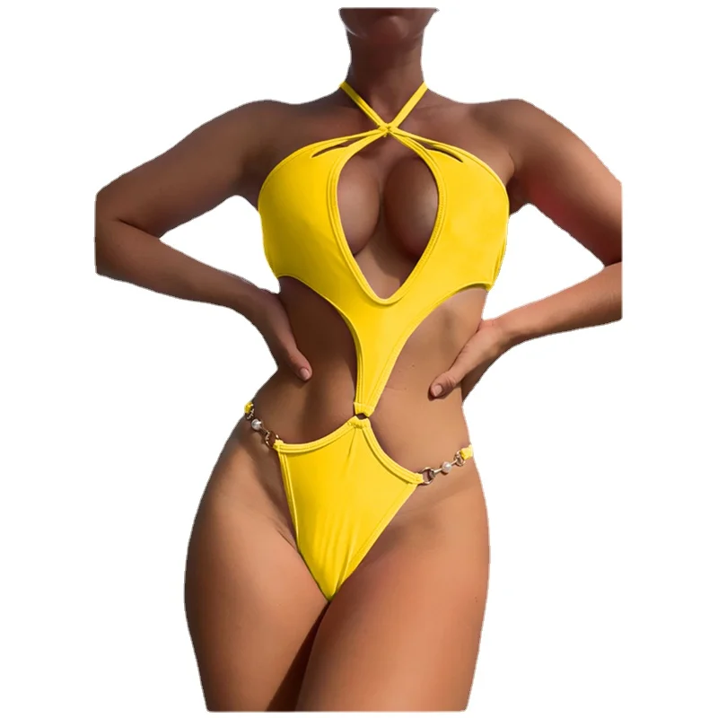 

Ring Linked cut out one piece swimsuit 2024 hollow out swimwear monokini women sexy backless bodysuit largesize swim suit