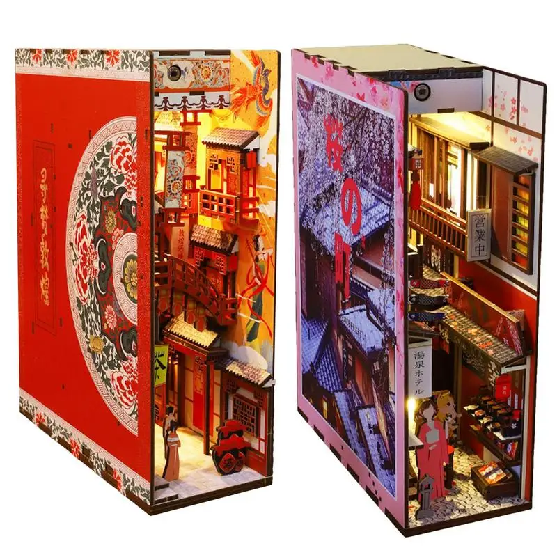 

3D Miniature House Kit With Furniture And Light DIY Book Cherry Blossom Town Book Shelf Insert Kits Model For Teen Adult