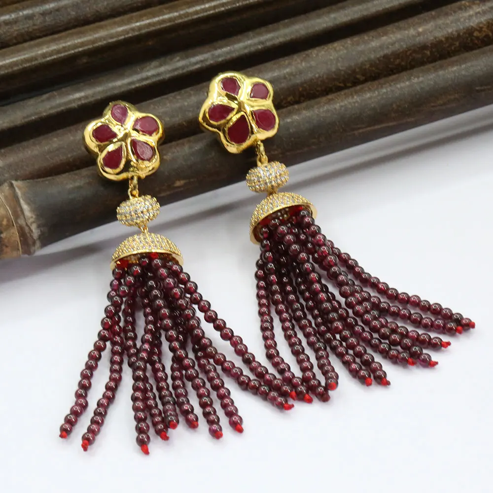 

GG Jewelry Natural Garnet Round Beads Earrings Gold Plated CZ Stud Dangle Earrings For Women Ethnic Style
