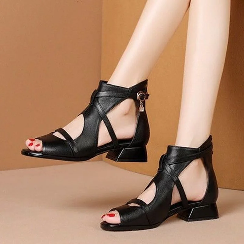 

Black PU Leather Low-Heeled Women Sandals Summer Peep Toe Hollow Comfor Designer Shoes Retro Non-Slip Casual Roman Office Shoes
