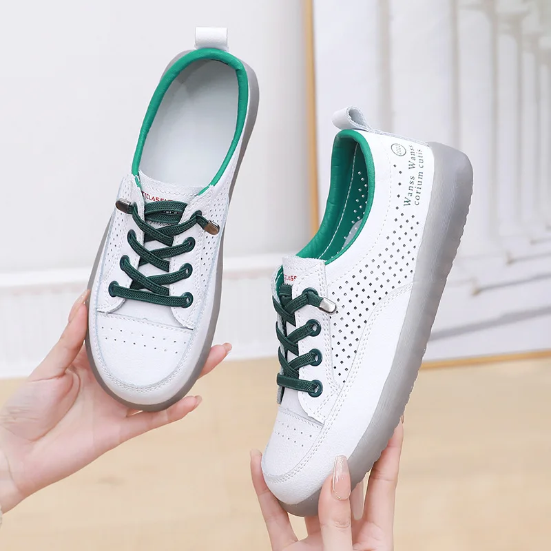 

100% Genuine Cowhide Leather Women's Casual Vulcanize Shoes New Designer Sport Walking Shoes Summer Ladies Hollow Out Sneakers