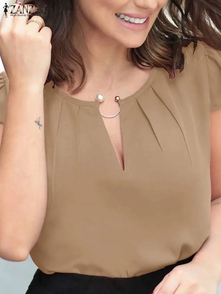 

Блузка ZANZEA женская с коротким рукавом и круглым вырезом, модная однотонная элегантная рубашка на пуговицах, Повседневная Уличная офисная одежда, на лето