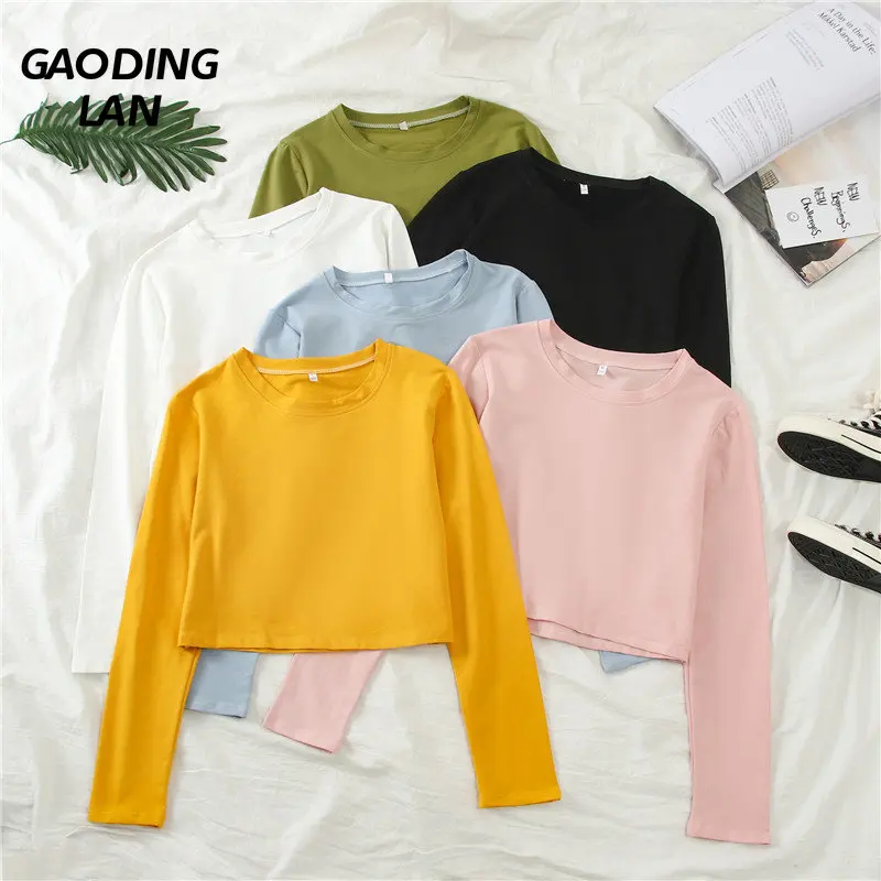 

GAODINGLAN осенне-зимние короткие стильные женские футболки однотонные Харадзюку Топы с длинным рукавом женские свободные открытые пупки