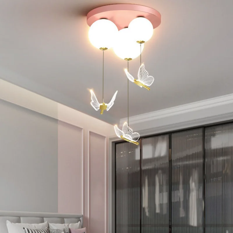 

LED Children's Room Balloon Bedroom Lamp Net Red Butterfly Ceiling Romantic Girl Pink Princess Chandelier