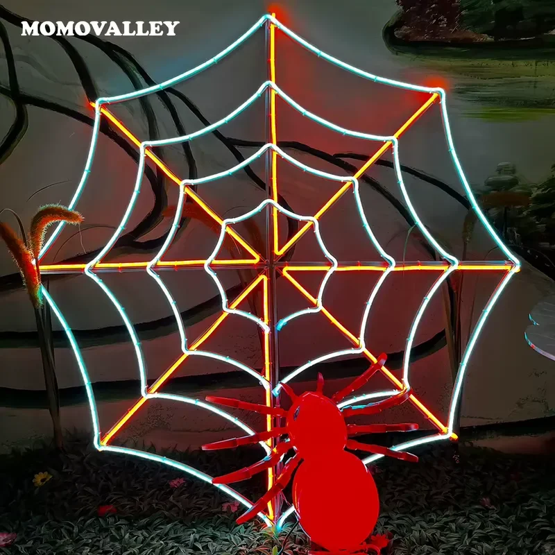 Фото Декоративная паутина с гигантскими светодиодами для Хэллоуина от Momovalley, с металлическим каркасом, для улицы и двора, с меняющимися цветами огнями. №4