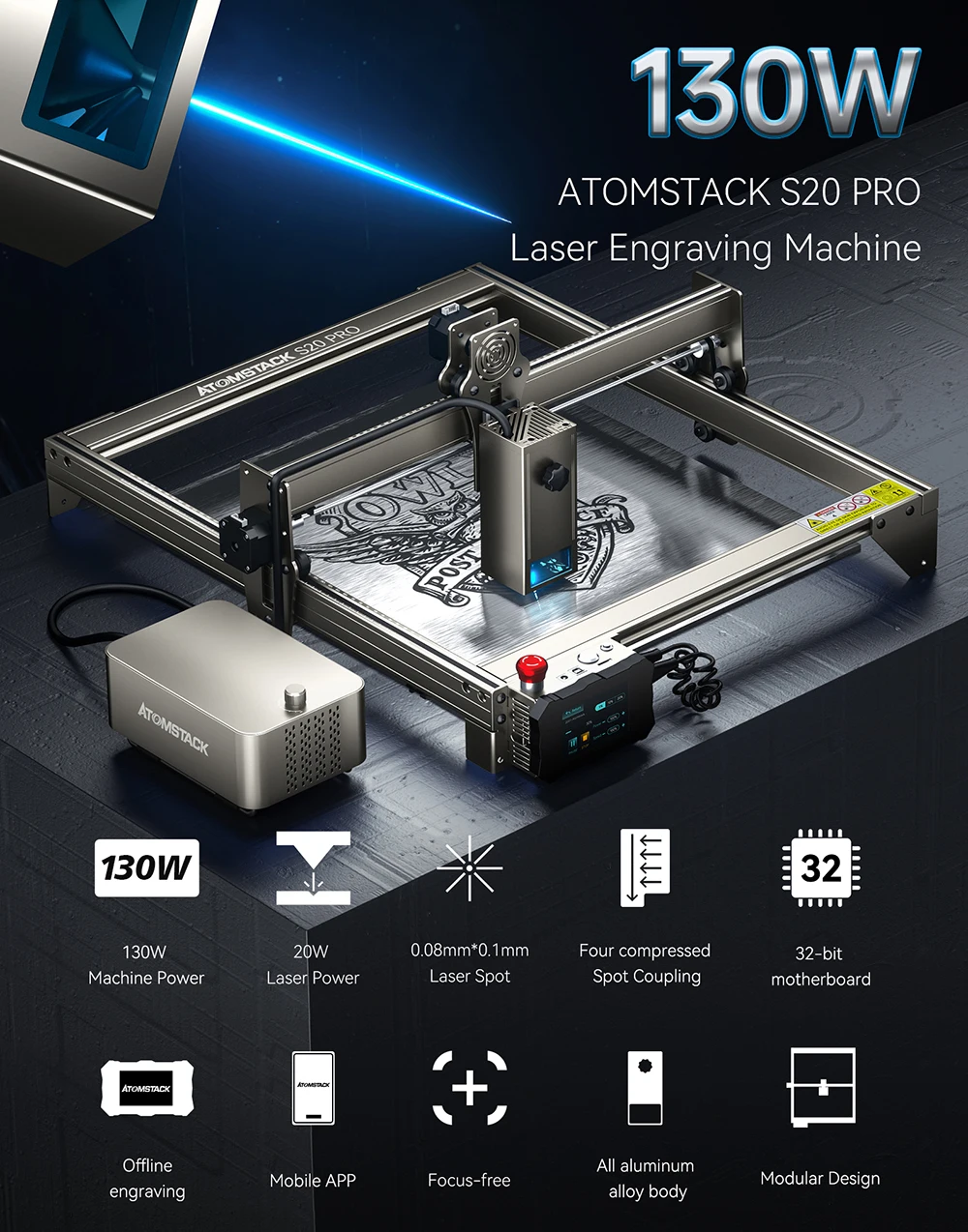 

Atomstack Laser Engraving Cutting CNC Machine S20 Pro 20W Dual Air Assist for App Control 130W Laser Engraver Effect