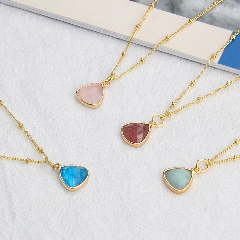 

Minar Harajuku Candy Color Water Drop Natural Stone Heart Pendant Necklace for Women Brass Gold Beads Chain Choker Necklaces