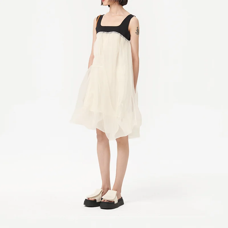

2022 summer niche designer fashion sweet stitching contrasting color mesh vest skirt, elegant and elegant organza dress women