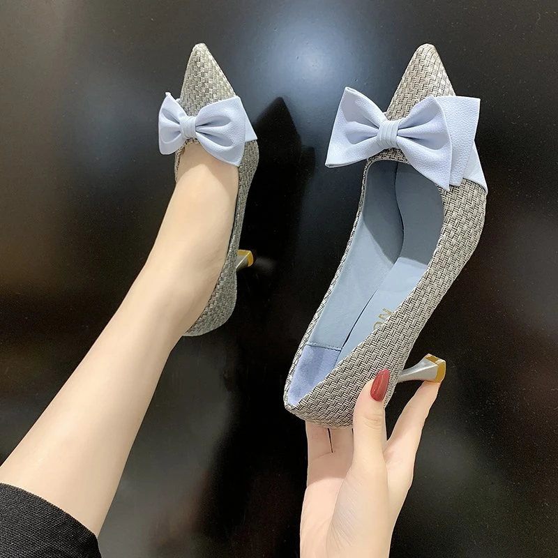 

2023 Women's High Heels Patent Leather Black White Bow Square Head High Heels Office Fashion Ladies Shoes zapatos de mujer