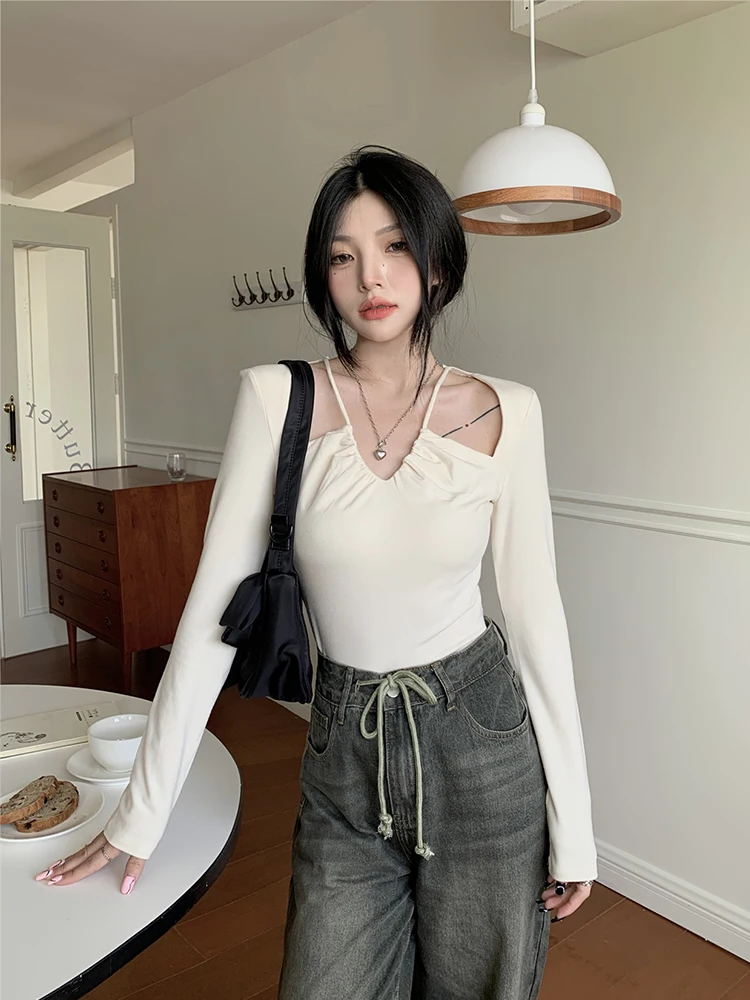 

Vintage Ins Irregular Neck Long Sleeve T-shirt Women's T-shirts Tops Japanese Ladies Ulzzang Female Harajuku Clothes For Women