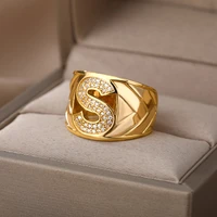 zircon a z letter initial rings for women gold color stainless steel open wide big female engagement wedding ring jewelry 2022