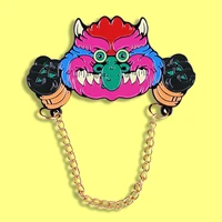 little monster enamel brooch 80s retro cartoon animated badge chain purple fur pink face pin gift for fans