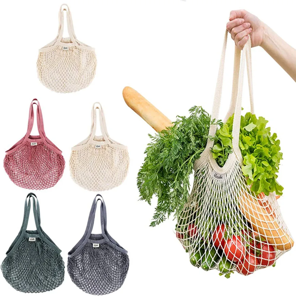 

Portable Reusable Grocery Bags Vegetable Bag Washable Cotton Mesh String Organic Organizer Handbag Short Handle Net Tote