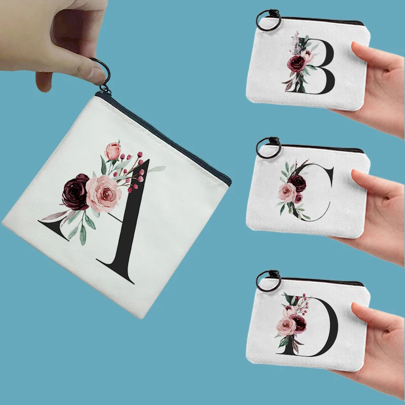 

26 Letters Flower Coin Purse Ladies Print Girls Small Fresh Canvas Zipper Bag Ladies Coin Purse Gift Birthday Wedding Party