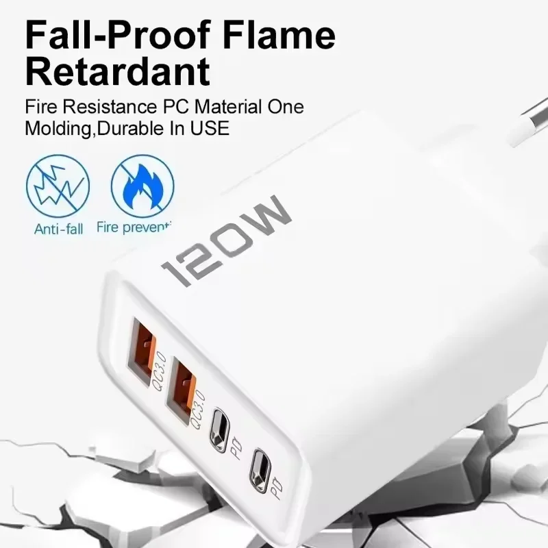 Фото Xiaomi 120 Вт 4-портовое зарядное устройство USB типа C Кабель для быстрой зарядки данных USB-адаптер для зарядного устройства для телефона для Samsung IPhone Huawei Настенное зарядное устройство №2