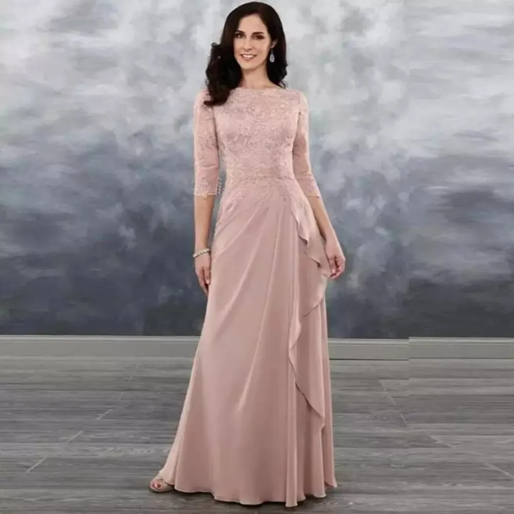 

Charming On Sale Dusty Rose Lace Mother of the Bride Dresses 2022 Latest Wedding Guest Gowns Batean Neckline with 3/4 Sleeves