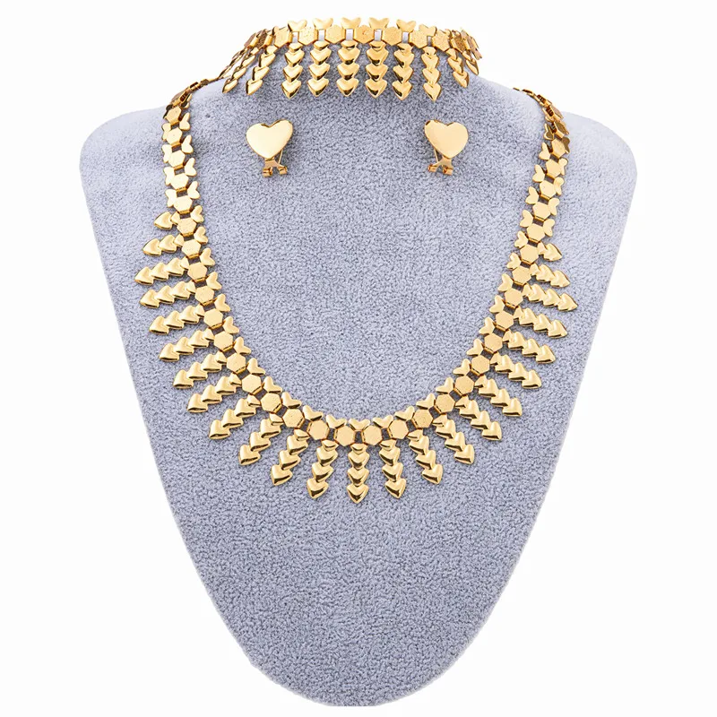 Модный набор ювелирных изделий в форме сердца из Дубая браслет серьги золотое ожерелье набор французских свадебных изысканных аксессуаров...