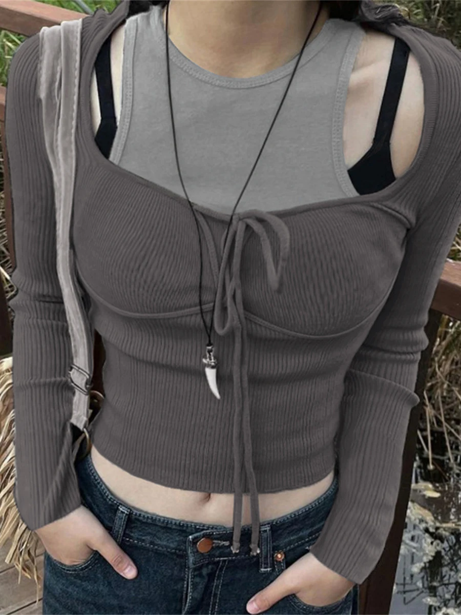 

Женская облегающая футболка в стиле пэчворк, топы контрастных цветов с длинным рукавом, круглым вырезом, вырезами и имитацией двух предмето...