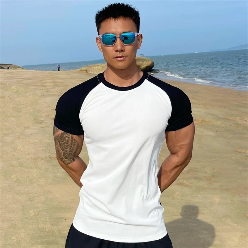 

Summer New Sports Fitness Cotton Round Neck Slim Fit Elastic Short Sleeve Men's T-Shirts Gym Bodybuilding Training Clothes
