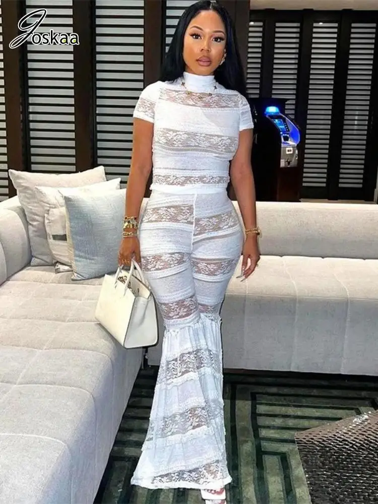 

Joskaa White Lace Two Piece Set Women Sexy Short Sleeve Crop Tops and High Waisted Flared Pants Matching Fall 2023 Club Outfits