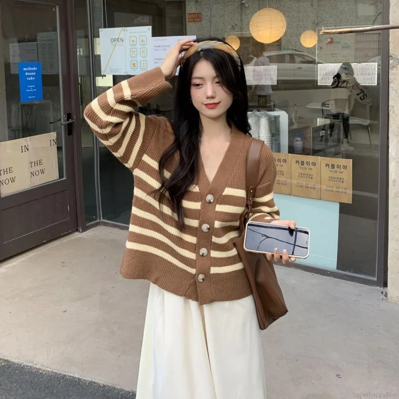 

Women's Knit Cardigan Sweater Button down Retro Striped Cardigan Coat Long Sleeve V-Neck Loose Casual Style Sweater