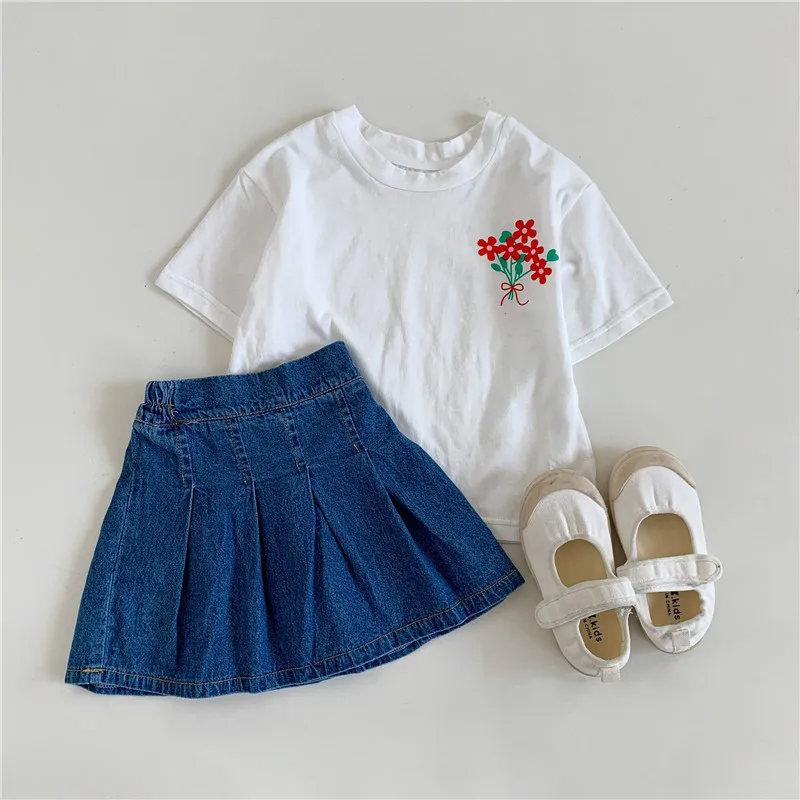 

2022 summer girls flower print short-sleeved baby girl's foreign style simple round neck T-shirt children's summer half-sleeve