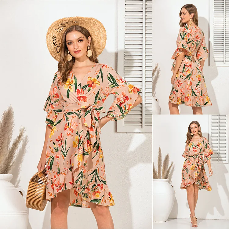 

2023 EARLY SPRING PRINTED V-NECK SLIM FASHION RUFFLE DRESS