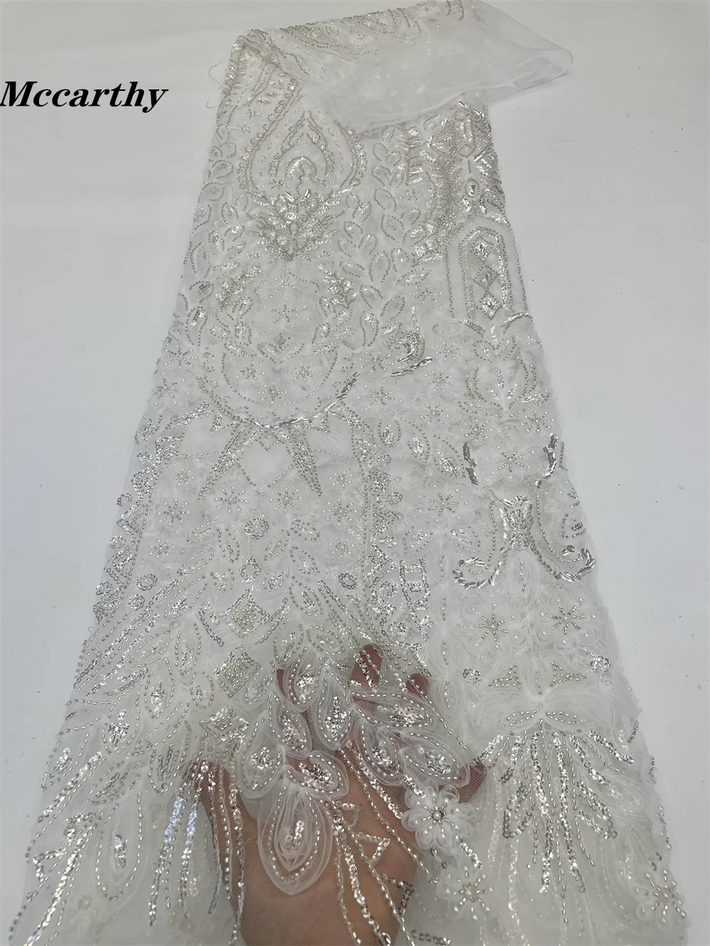 

Mccarthy роскошное Белое кружево с бисером и блестками, Африканское кружево, ткань 2023, высокое качество, нигерийская сетчатая кружевная ткань д...