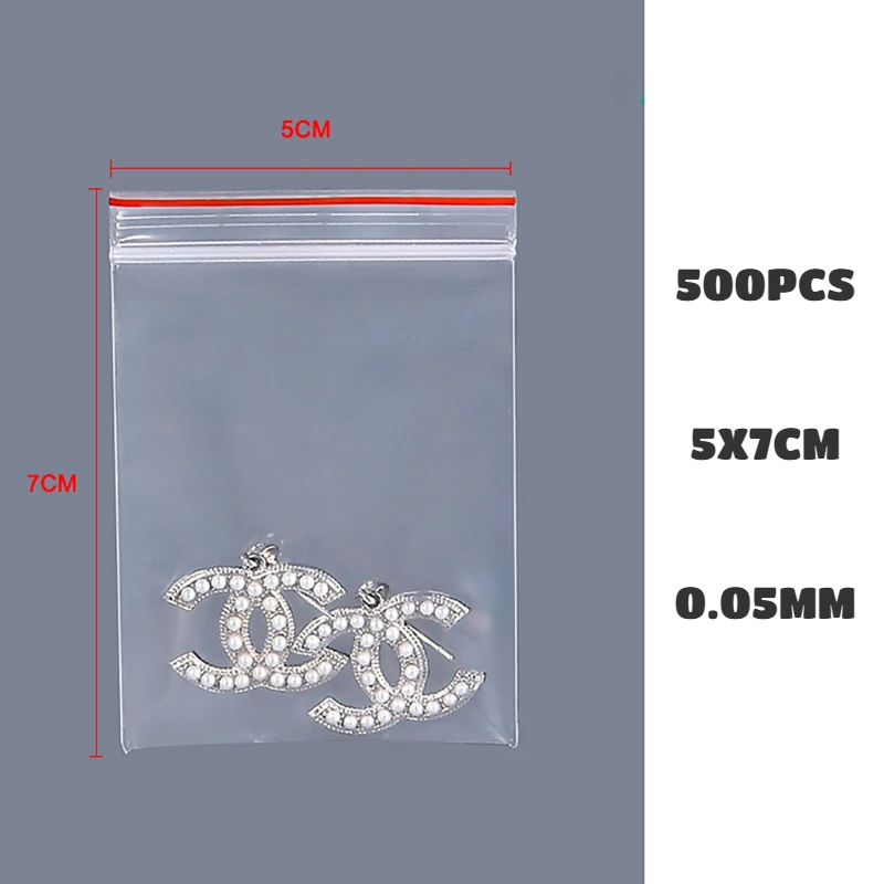 

5*7cm PE Clip Chain 5 Silk Self-sealing Bag Small Jewelry Earrings Transparent Sealing Packaging Bag 1 Inch 2 Inch Photo 500pcs