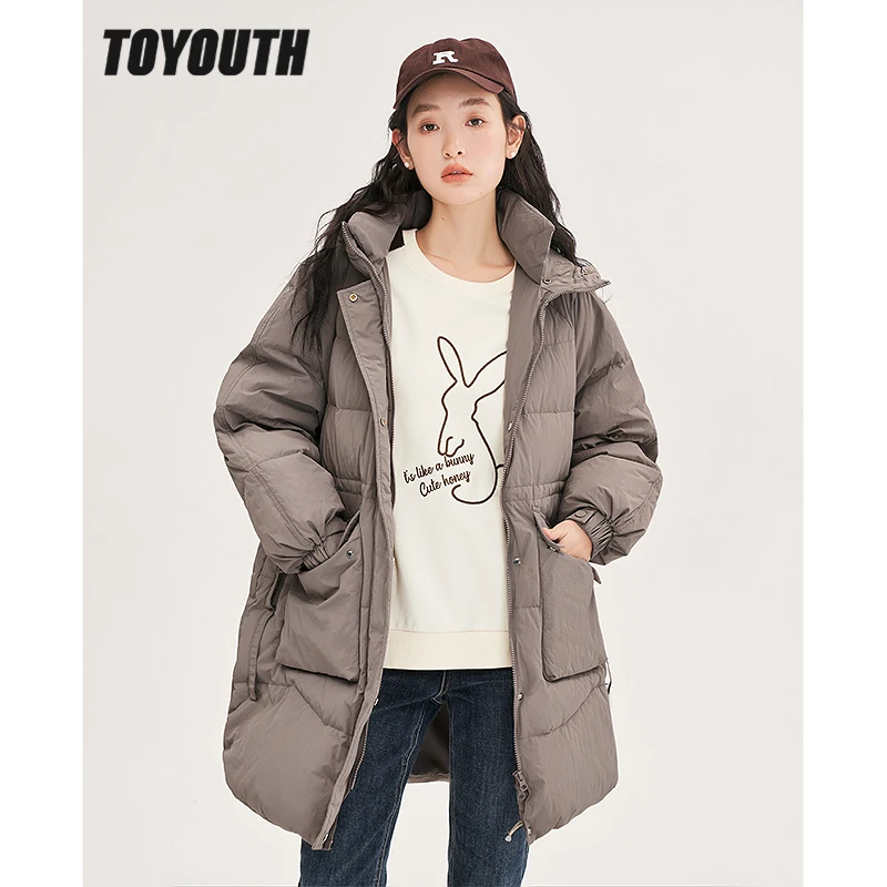 Toyouth Women Thick Down Jacket 2022 Winter Stand Collar Duck Down Warm Windproof Coat with Hat Pocket Coffee Casual Outwear