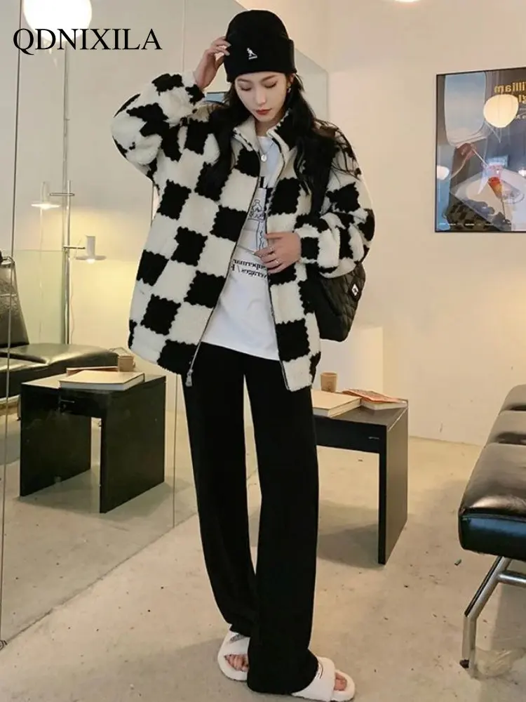 

Winter Coat for Women 2022 Faux Fur Coat Medium Long Checkerboard Plaid Jacket Women New In Outdoor Clothes Fur Jacket Female