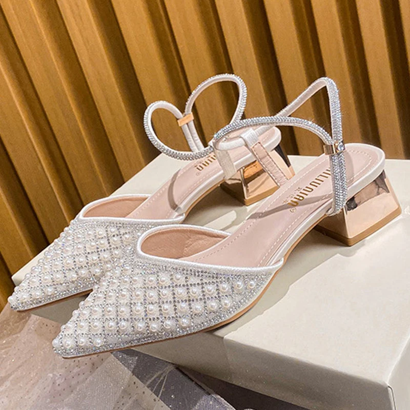 

Female Shoes Big Size 2022 Ladies Pumps Pointed Toe Mules Bling Women Summer Casual Luxury Rhinestones Slides Outside Heels