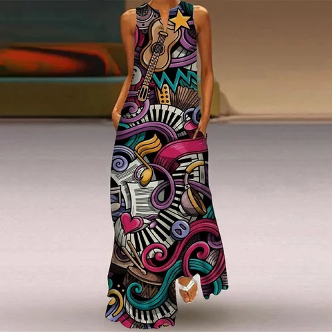 Женское винтажное платье без рукавов, элегантное свободное платье в стиле бохо с цветочным принтом и V-образным вырезом, повседневное длинное пляжное платье