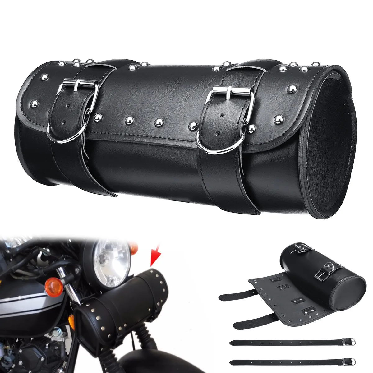

Universal Motorcycle Fork Tool Tail Bag PU Leather Motorbike Front Fork Handlebar Saddlebag Fork Barrel Shape Handlebar Storage