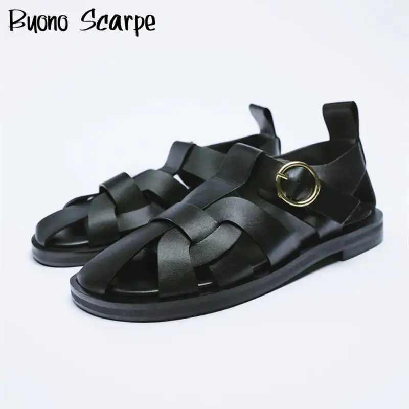 

Women Genuine Leather Thick Flat Heels Rome Sandals Summer Cross Strap Leather Ins Brand Casual Shoes Woman New Sandals Pumps