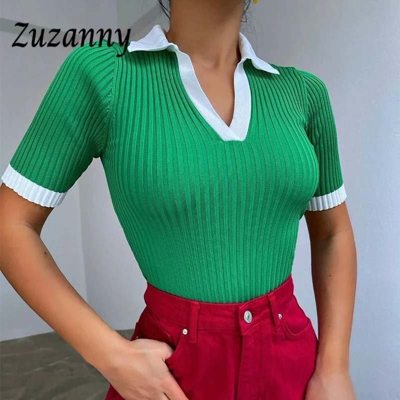 

Zuzanny Collar Ribber Shirts Tops Women Elegant 2022 Basic Summer Solid Skinny Sexy Cropped Short Sleeve Tees Top