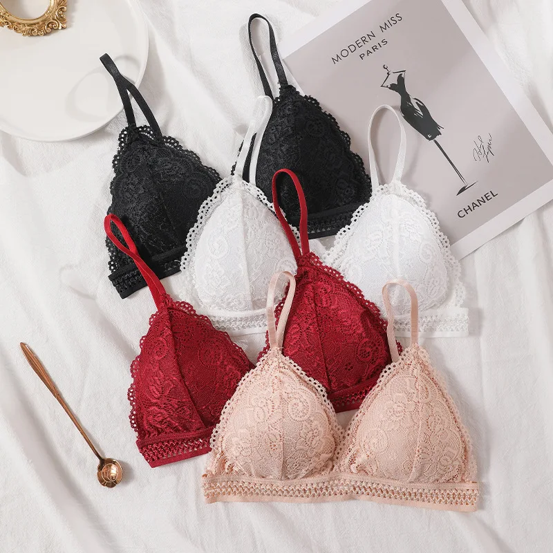 

Lace Thin Section Bra Solid Color Embroidery Hollow Tube Top Triangular Soft Seamless Underwear Women Low Back Transparent