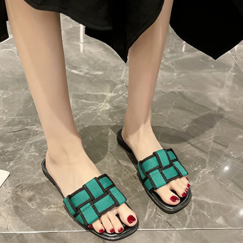 

2022New Summer Women's Sandals Fashion Plaid Sandals Open Toe Sandals Flat Casual Slippers Women Sandals Green Daily Wild Slides