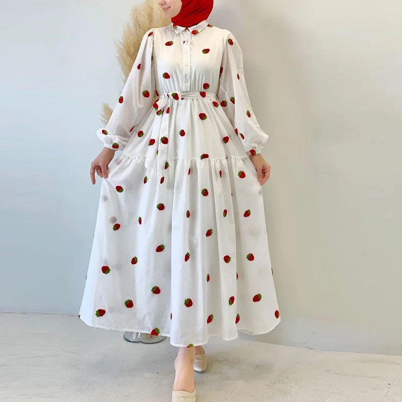 

Long Sleeve Simple Fashion Shirt Dress Chic Sweet Print Women Lace-up Long Party Dress Casual Elegant Pleat Loose Hem Beach Dres