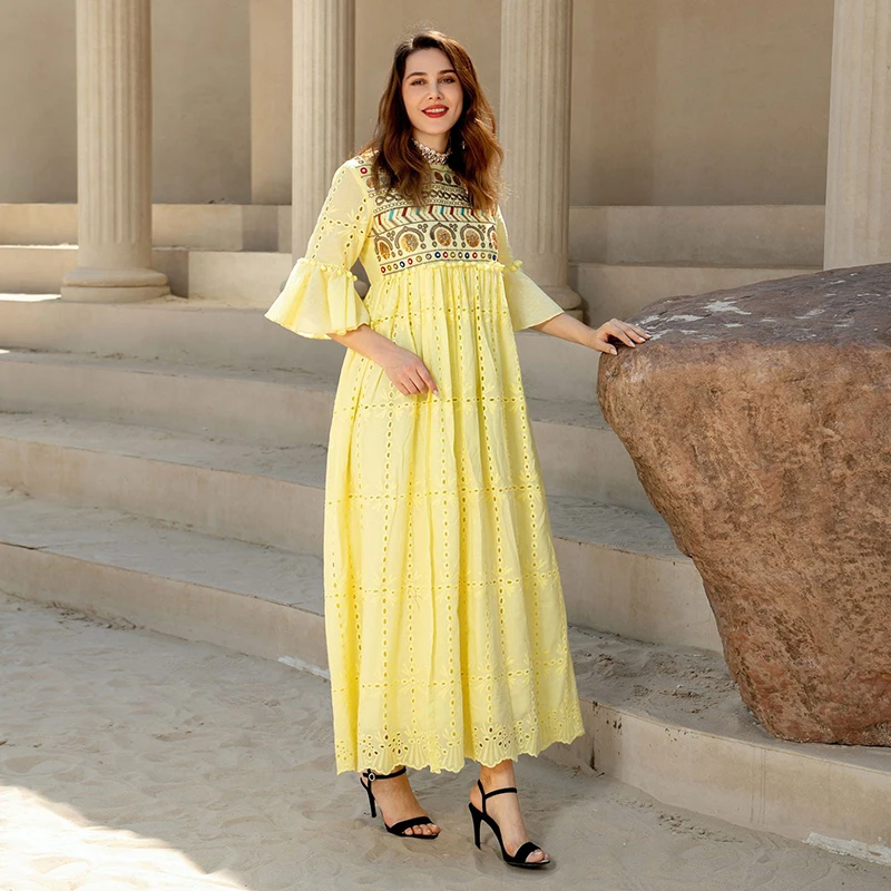 Embroidery Sequins Long Dresses For Women Muslim 2022 O Neck Abayas Dubai Caftan Arabic Luxurious Evening Loose Islamic Dresses