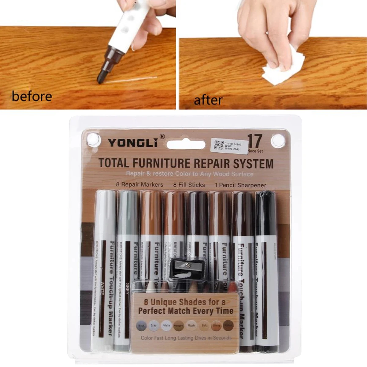 

17Pc Furniture Scratch Repair Pens Professional Floor Touch-Up Crayons Reusable Wood Scratches Restore Furniture Refinishing Pen
