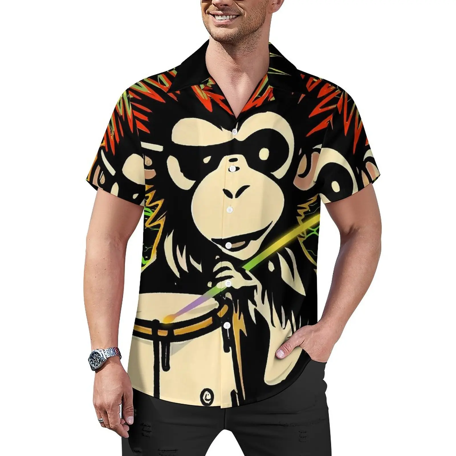 

Drummer Monkey Casual Shirt Fun Animal Print Vacation Loose Shirt Summer Harajuku Blouses Short-Sleeve Graphic Oversized Tops