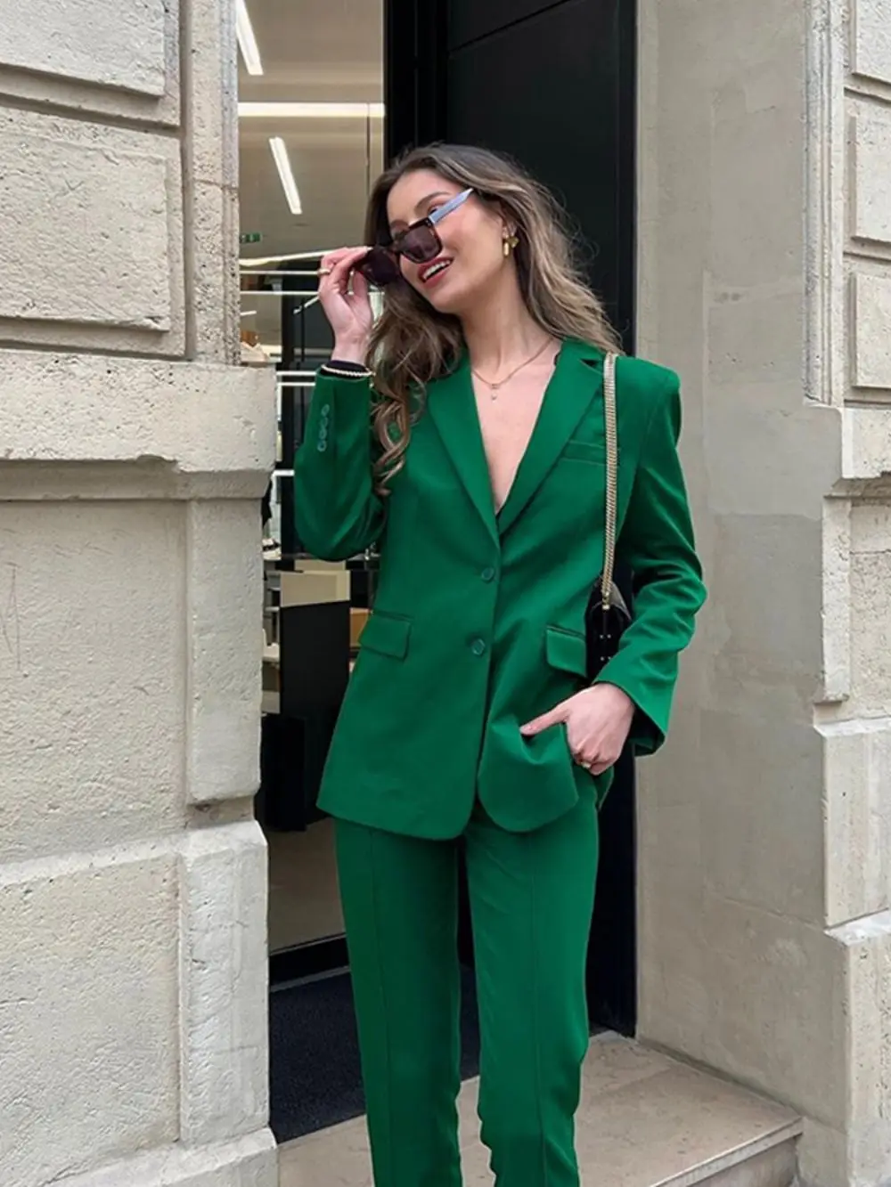 Casual Green Women Suits Long Sleeve Notched Collar Single Breasted Blazers High Waist Pants Female Suit 2023 Spring Fashion Set